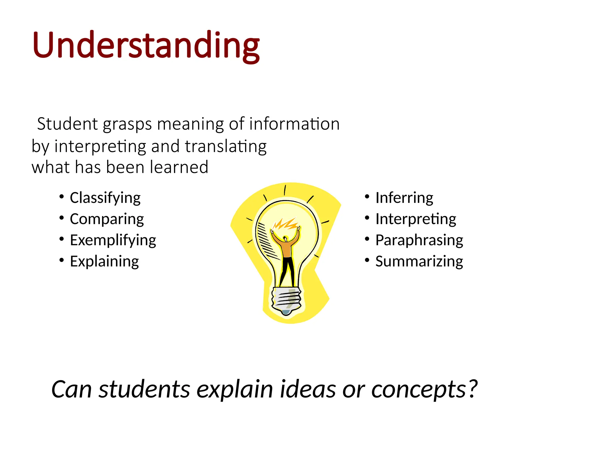 Understanding
Student grasps meaning of information
by interpreting and translating
what has been learned
• Classifying
• Comparing
• Exemplifying
• Explaining
• Inferring
• Interpreting
• Paraphrasing
• Summarizing
Can students explain ideas or concepts?
 