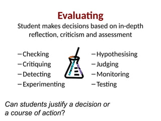 Evaluating
Student makes decisions based on in-depth
reflection, criticism and assessment
–Checking
–Critiquing
–Detecting
–Experimenting
–Hypothesising
–Judging
–Monitoring
–Testing
Can students justify a decision or
a course of action?
 