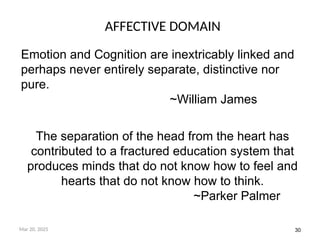 30
AFFECTIVE DOMAIN
Mar 20, 2025
Emotion and Cognition are inextricably linked and
perhaps never entirely separate, distinctive nor
pure.
~William James
The separation of the head from the heart has
contributed to a fractured education system that
produces minds that do not know how to feel and
hearts that do not know how to think.
~Parker Palmer
 