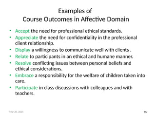 35
Examples of
Course Outcomes in Affective Domain
• Accept the need for professional ethical standards.
• Appreciate the need for confidentiality in the professional
client relationship.
• Display a willingness to communicate well with clients .
• Relate to participants in an ethical and humane manner.
• Resolve conflicting issues between personal beliefs and
ethical considerations.
• Embrace a responsibility for the welfare of children taken into
care.
• Participate in class discussions with colleagues and with
teachers.
Mar 20, 2025
 