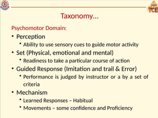 Taxonomy…
Psychomotor Domain:
• Perception
• Ability to use sensory cues to guide motor activity
• Set (Physical, emotional and mental)
• Readiness to take a particular course of action
• Guided Response (Imitation and trail & Error)
• Performance is judged by instructor or a by a set of
criteria
• Mechanism
• Learned Responses – Habitual
• Movements – some confidence and Proficiency
 