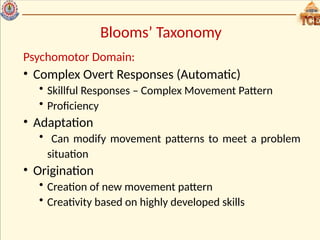 Blooms’ Taxonomy
Psychomotor Domain:
• Complex Overt Responses (Automatic)
• Skillful Responses – Complex Movement Pattern
• Proficiency
• Adaptation
• Can modify movement patterns to meet a problem
situation
• Origination
• Creation of new movement pattern
• Creativity based on highly developed skills
 