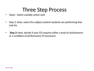 Three Step Process
• Step1 : Select suitable action verb
• Step 2: Next, select the subject content students are performing that
task for.
• Step 3: Next, decide if your CO requires either a level of achievement
or a condition of performance (if necessary)
Mar 20, 2025
 