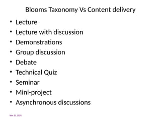 Blooms Taxonomy Vs Content delivery
• Lecture
• Lecture with discussion
• Demonstrations
• Group discussion
• Debate
• Technical Quiz
• Seminar
• Mini-project
• Asynchronous discussions
Mar 20, 2025
 