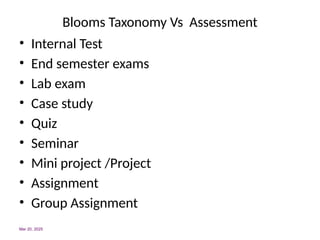 Blooms Taxonomy Vs Assessment
• Internal Test
• End semester exams
• Lab exam
• Case study
• Quiz
• Seminar
• Mini project /Project
• Assignment
• Group Assignment
Mar 20, 2025
 