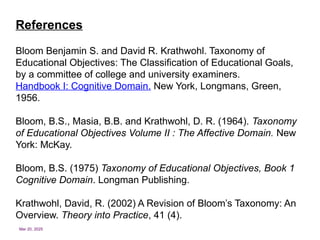 Mar 20, 2025
References
Bloom Benjamin S. and David R. Krathwohl. Taxonomy of
Educational Objectives: The Classification of Educational Goals,
by a committee of college and university examiners.
Handbook I: Cognitive Domain. New York, Longmans, Green,
1956.
Bloom, B.S., Masia, B.B. and Krathwohl, D. R. (1964). Taxonomy
of Educational Objectives Volume II : The Affective Domain. New
York: McKay.
Bloom, B.S. (1975) Taxonomy of Educational Objectives, Book 1
Cognitive Domain. Longman Publishing.
Krathwohl, David, R. (2002) A Revision of Bloom’s Taxonomy: An
Overview. Theory into Practice, 41 (4).
 