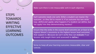 STEPS
TOWARDS
WRITING
EFFECTIVE
LEARNING
OUTCOMES
Make sure there is one measurable verb in each objective.
Each outcome needs one verb. Either a student can master the
outcome , or they fail to master it. If an outcome has two verbs
(say, define and apply), what happens if a student can define, but
not apply? Are they demonstrating mastery?
Ensure that the verbs in the course level outcome are at least at the
highest bloom’s taxonomy as the highest lesson level outcomes
that support it. (Because we can’t verify they can evaluate if our
lessons only taught them (and assessed) to define.)
Strive to keep all your learning outcomes measurable, clear and
concise.
 