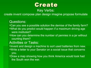 Create Key Verbs: create invent compose plan design imagine propose formulate Questions: Can you see a possible solution the demise of the family farm? What do you predict would happen if a maximum driving age  were instituted? How can you determine the number of pennies in a jar without  counting them? Activities or Tasks: Invent and design a machine to sort used batteries from new. Write a letter to your Senator on a social issue that concerns  you. Draw a map showing how you think America would look had  the South won the war.  