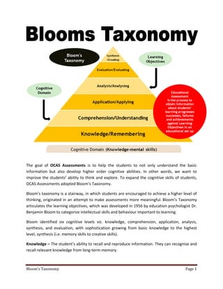 Bloom’s Taxonomy Page 1
The goal of OCAS Assessments is to help the students to not only understand the basic
information but also develop higher order cognitive abilities. In other words, we want to
improve the students’ ability to think and explore. To expand the cognitive skills of students,
OCAS Assessments adopted Bloom’s Taxonomy.
Bloom's taxonomy is a stairway, in which students are encouraged to achieve a higher level of
thinking, originated in an attempt to make assessments more meaningful. Bloom’s Taxonomy
articulates the learning objectives, which was developed in 1956 by education psychologist Dr.
Benjamin Bloom to categorize intellectual skills and behaviour important to learning.
Bloom identified six cognitive levels viz. knowledge, comprehension, application, analysis,
synthesis, and evaluation, with sophistication growing from basic knowledge to the highest
level, synthesis (i.e. memory skills to creative skills).
Knowledge – The student’s ability to recall and reproduce information. They can recognise and
recall relevant knowledge from long-term memory.
 