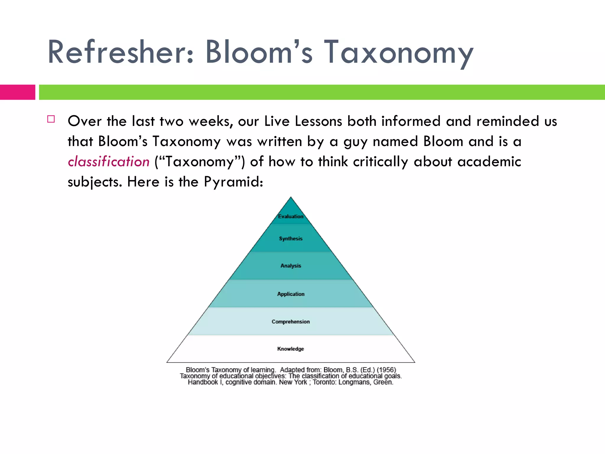 Refresher: Bloom’s Taxonomy Over the last two weeks, our Live Lessons both informed and reminded us that Bloom’s Taxonomy was written by a guy named Bloom and is a  classification  (“Taxonomy”) of how to think critically about academic subjects. Here is the Pyramid: 