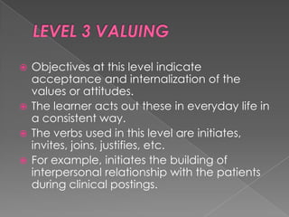  Objectives at this level indicate
  acceptance and internalization of the
  values or attitudes.
 The learner acts out these in everyday life in
  a consistent way.
 The verbs used in this level are initiates,
  invites, joins, justifies, etc.
 For example, initiates the building of
  interpersonal relationship with the patients
  during clinical postings.
 