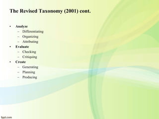 The Revised Taxonomy (2001) cont.
• Analyze
– Differentiating
– Organizing
– Attributing
• Evaluate
– Checking
– Critiquing
• Create
– Generating
– Planning
– Producing
 