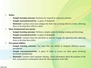 • Reflex
– Sample learning outcome: Instinctively respond to a physical stimulus.
– Sample assessment/activity: A game of dodgeball.
– Rationale: Learners must react (dodge) the balls that are being thrown at them, allowing
them to develop their reflexive skills.
• Basic fundamental movements
– Sample learning outcome: Perform a simple action (including running and throwing).
– Sample assessment/activity: A game of dodgeball.
– Rationale: Learners must run and throw to actively engage the opposing team, allowing
them to develop these skills.
• Perceptual abilities
– Sample learning outcome: Use more than one ability to integrate different sensory
perceptions.
– Sample assessment/activity: A game of catch or soccer (or other game involving
movement and passing).
– Rationale: Learners must integrate running, visual information about the position of the
ball, and predictive information about the future position of the ball.
 