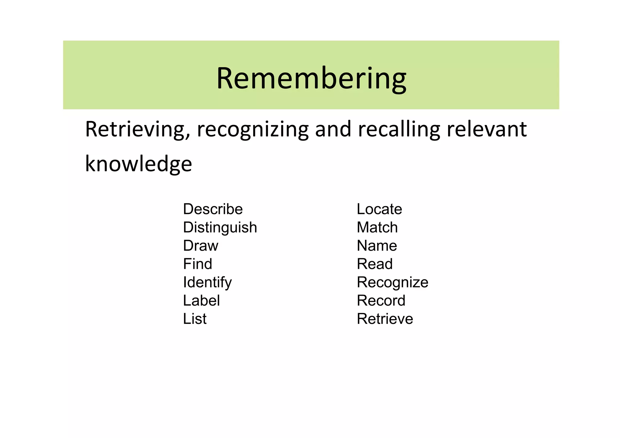 Remembering 
Retrieving, recognizing and recalling relevant 
knowledge 
          Describe          Locate
          Distinguish       Match
          Draw              Name
          Find              Read
          Identify          Recognize
          Label             Record
          List              Retrieve
 