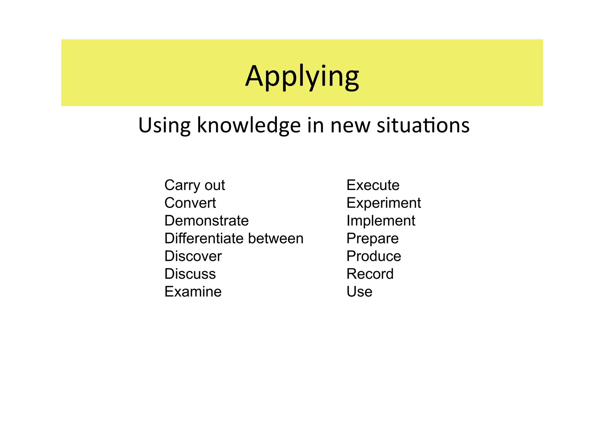 Applying 
Using knowledge in new situa2ons 

  Carry out               Execute
  Convert                 Experiment
  Demonstrate             Implement
  Differentiate between   Prepare
  Discover                Produce
  Discuss                 Record
  Examine                 Use
 