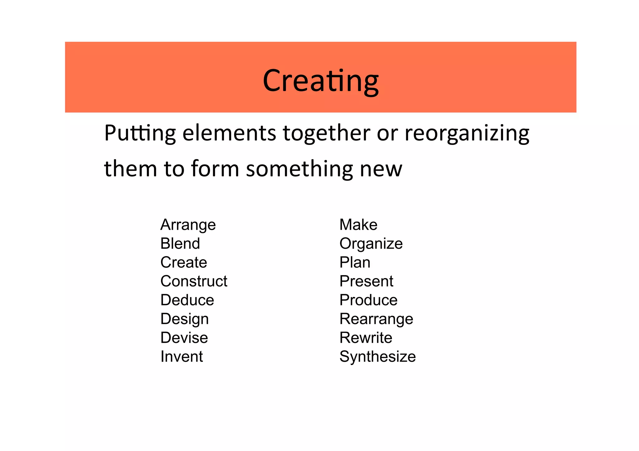 Crea2ng 
PuVng elements together or reorganizing 
them to form something new 

     Arrange         Make 
     Blend           Organize
     Create          Plan
     Construct       Present
     Deduce          Produce
     Design          Rearrange
     Devise          Rewrite
     Invent          Synthesize
 