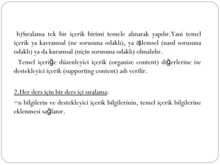b)Sıralama tek bir içerik birimi temele alınarak yapılır.Yani temel içerik ya kavramsal (ne sorusuna odaklı), ya işlemsel (nasıl sorusuna odaklı) ya da kuramsal (niçin sorusuna odaklı) olmalıdır. Temel içeriğe düzenleyici içerik (organize content) diğerlerine ise destekleyici içerik (supporting content) adı verilir. 2.Her ders için bir ders içi sıralama : Ön bilgilerin ve destekleyici içerik bilgilerinin, temel içerik bilgilerine eklenmesi sağlanır. 