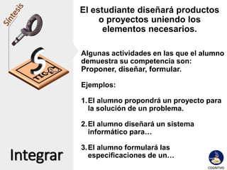 Integrar
El estudiante diseñará productos
o proyectos uniendo los
elementos necesarios.
Algunas actividades en las que el alumno
demuestra su competencia son:
Proponer, diseñar, formular.
Ejemplos:
1.El alumno propondrá un proyecto para
la solución de un problema.
2.El alumno diseñará un sistema
informático para…
3.El alumno formulará las
especificaciones de un…
 