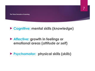 7
The Three Domains of Learning
 Cognitive: mental skills (knowledge)
 Affective: growth in feelings or
emotional areas (attitude or self)
 Psychomotor: physical skills (skills)
 