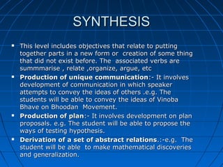SYNTHESISSYNTHESIS
 This level includes objectives that relate to puttingThis level includes objectives that relate to putting
together parts in a new form or creation of some thingtogether parts in a new form or creation of some thing
that did not exist before. The associated verbs arethat did not exist before. The associated verbs are
summmarise , relate ,organize, argue, etcsummmarise , relate ,organize, argue, etc
 Production of unique communicationProduction of unique communication:- It involves:- It involves
development of communication in which speakerdevelopment of communication in which speaker
attempts to convey the ideas of others .e.g. Theattempts to convey the ideas of others .e.g. The
students will be able to convey the ideas of Vinobastudents will be able to convey the ideas of Vinoba
Bhave on Bhoodan Movement.Bhave on Bhoodan Movement.
 Production of planProduction of plan:- It involves development on plan:- It involves development on plan
proposals. e.g. The student will be able to propose theproposals. e.g. The student will be able to propose the
ways of testing hypothesis.ways of testing hypothesis.
 Derivation of a set of abstract relationsDerivation of a set of abstract relations.:-e.g. The.:-e.g. The
student will be able to make mathematical discoveriesstudent will be able to make mathematical discoveries
and generalization.and generalization.
 