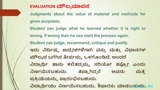 EVALUATION ಮೌಲಯ ಮ್ಯಪನ
Judgments about the value of material and methods for
given purposes.
Student can judge what he lear...