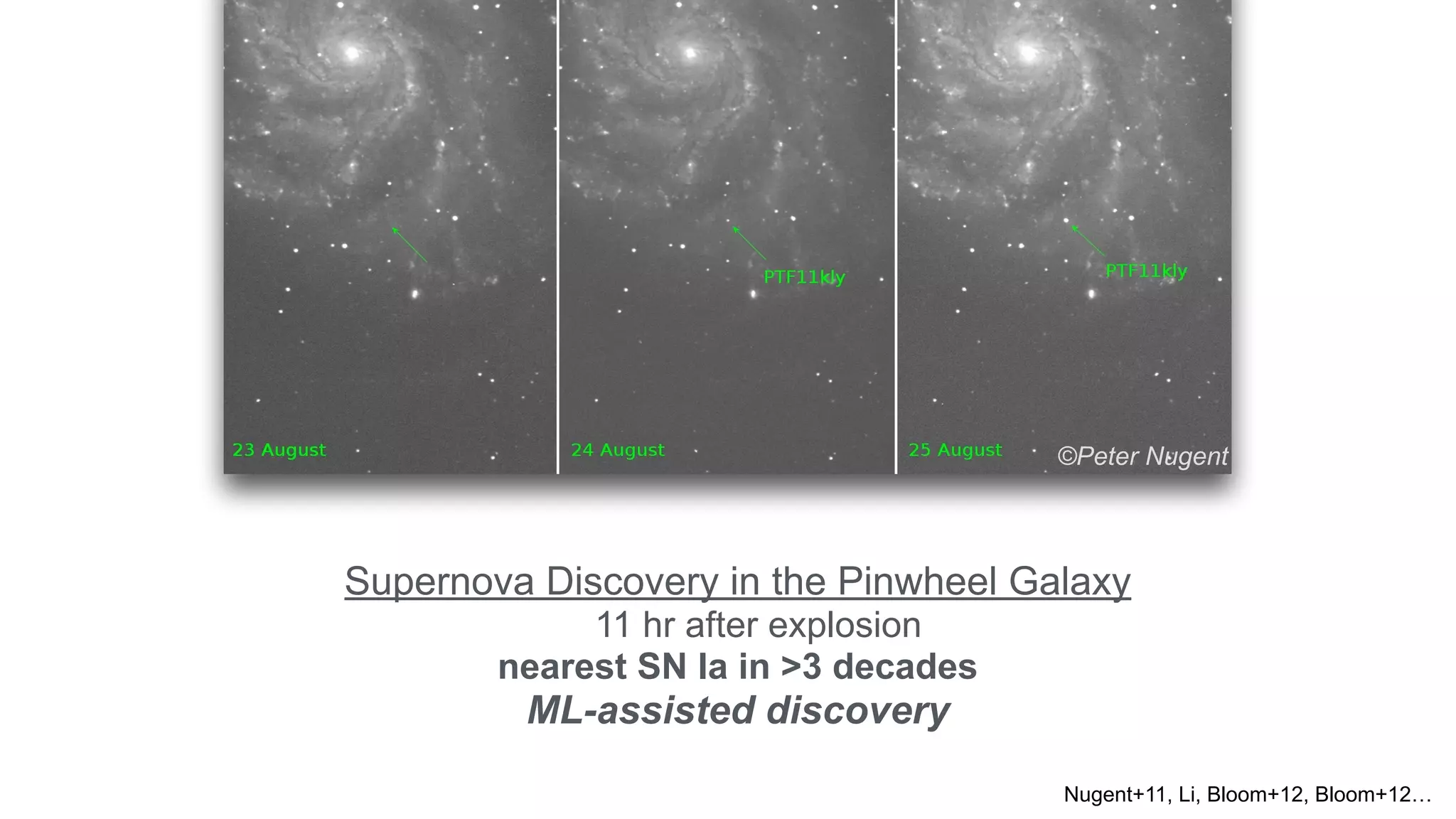 Supernova Discovery in the Pinwheel Galaxy
11 hr after explosion
nearest SN Ia in >3 decades
ML-assisted discovery
©Peter Nugent
Nugent+11, Li, Bloom+12, Bloom+12…
 