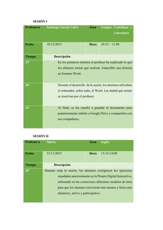 SESIÓN I
Profesor/a Santiago García Calvo Área Lengua Castellana y
Literatura
Fecha 10/12/2015 Hora 10:15 – 11:00
Tiempo Descripción
15’ En los primeros minutos el profesor ha explicado lo que
los alumnos tenían que realizar: transcribir una historia
en formato Word.
30’ Durante el desarrollo de la sesión, los alumnos utilizaban
el ordenador, sobre todo, el Word. Las dudad que tenían
se resolvían por el profesor.
15’ Al final, se les enseñó a guardar el documento para
posteriormente subirlo a Google Drive y compartirlo con
sus compañeros.
SESIÓN II
Profesor/a Marta Área Inglés
Fecha 23/11/2015 Hora 13:15-14:00
Tiempo Descripción
45’ Durante toda la sesión, los alumnos corrigieron los ejercicios
mandados anteriormente en la Pizarra Digital Interactiva,
utilizando en las correciones diferentes modelos de letra
para que los alumnos estuvieran más atentos y fuera más
dinámico, activo y participativo.
 