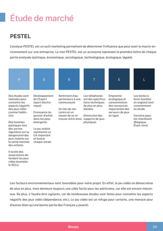 Bloops 24
Étude de marché
PESTEL
L’analyse PESTEL est un outil marketing permettant de déterminer l’influence que peut avoir le macro-en-
vironnement sur une entreprise. Le mot PESTEL est un acronyme reprenant la première lettre de chaque
partie analysée (politique, économique, sociologique, technologique, écologique, légale).
P S T E LE
Des études sont
réalisées pour
connaître les
aspects négatifs
des jeux vidéo
comme l’addic-
tion.
Des hommes
politiques font
des sorties
régulières sur la
dangerosité des
jeux violents sur
la santé mentale
des enfants
Il existe des
associations dé-
fendant les jeux
vidéo (exemple :
le SELL)
Développement
de l’Esport
(sport électro-
nique)
Croissance du
pouvoir d’achat
dans les pays
émergents
Le jeu mobile
représente un
CA important
et évolue
chaque année
Sentiment d’ap-
partenance à une
communauté
Un lien de ren-
contre et un
moyen de se re-
trouver entre amis.
Les téléphones
ont des spécifica-
tions techniques
de plus en plus
élevées
Diminution des
supports de jeux
physiques
Empreinte
écologique et
consommation
des ressources
importantes des
serveurs de jeux
en ligne
Les facteurs environnementaux sont favorables pour notre projet. En effet, le jeu vidéo se démocratise
de plus en plus, mais demeure toujours une cible facile pour les politiciens, car elle est encore mécon-
nue. De plus, il faudra être vigilants, car de nombreuses études sont faites pour connaître les aspects
négatifs des jeux vidéo (dépendance, etc.). Le jeu vidéo est un refuge pour certains, une menace pour
d’autres (bien qu’une bonne partie des Français y jouent).
Les boites à
butin (lootbox
en anglais) sont
constamment
en étude.
Certains pays
les interdisent
(Belgique,
États-Unis)
 
