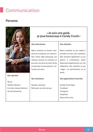 Bloops 45
Communication
Persona
« Je suis une geek,
je joue beaucoup à Candy Crush »
Ses motivations
Marie souhaite se divertir pen-
dant les transports en commun.
Elle utilise déjà beaucoup ses
réseaux sociaux et souhaite un
jeu avec une prise en main facile
et pourquoi ne pas pouvoir y af-
fronter ses amis.
Ses intentions
Ne plus s’ennuyer
Retrouver ses amis en jeu
Ses attentes
Marie souhaite un jeu rapide à
prendre en main, peu complexe.
Elle souhaite également un jeu
gratuit à l’installation. Ayant
beaucoup d’applications sur son
téléphone, elle souhaite un jeu
« léger » en performance et en
poids.
Ses applications favorites
Candy Crush Saga
Facebook
Instagram	
Snapchat
Quizz entre amis
Son identité
16 ans
Habite à Rennes
À un bon réseau d’amis et
de connaissances
 