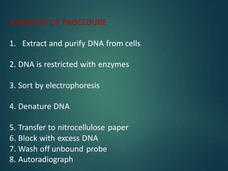 SUMMARY OF PROCEDURE
1. Extract and purify DNA from cells
2. DNA is restricted with enzymes
3. Sort by electrophoresis
4. Denature DNA
5. Transfer to nitrocellulose paper
6. Block with excess DNA
7. Wash off unbound probe
8. Autoradiograph
 