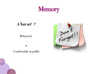 Memory
A 'lost art' ?
Rehearsal
Comfortable in public
 