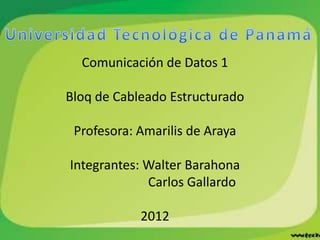 Comunicación de Datos 1

Bloq de Cableado Estructurado

 Profesora: Amarilis de Araya

Integrantes: Walter Barahona
             Carlos Gallardo

            2012
 