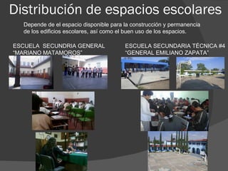 Distribución de espacios escolares Depende de el espacio disponible para la construcción y permanencia de los edificios escolares, así como el buen uso de los espacios. ESCUELA SECUNDRIA GENERAL “MARIANO MATAMOROS” ESCUELA SECUNDARIA TÉCNICA #4 “GENERAL EMILIANO ZAPATA”