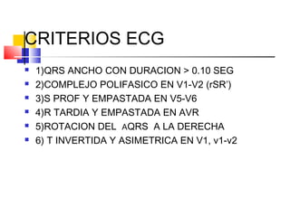 CRITERIOS ECG
 1)QRS ANCHO CON DURACION > 0.10 SEG
 2)COMPLEJO POLIFASICO EN V1-V2 (rSR’)
 3)S PROF Y EMPASTADA EN V5-V6
 4)R TARDIA Y EMPASTADA EN AVR
 5)ROTACION DEL AQRS A LA DERECHA
 6) T INVERTIDA Y ASIMETRICA EN V1, v1-v2
 