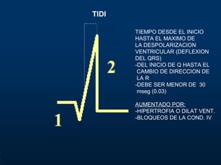 TIDI
TIEMPO DESDE EL INICIO
HASTA EL MAXIMO DE
LA DESPOLARIZACION
VENTRICULAR (DEFLEXION
DEL QRS)
-DEL INICIO DE Q HASTA EL
CAMBIO DE DIRECCION DE
LA R
-DEBE SER MENOR DE 30
mseg (0.03)
AUMENTADO POR:
-HIPERTROFIA O DILAT VENT.
-BLOQUEOS DE LA COND. IV
 