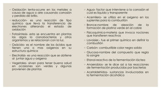 ◦ Oxidación lenta-ocurre en los metales a
causa de agua o aire causando corrosión
y perdida de brillo.
◦ reducción- es una reacción de tipo
químico que lleva la transferencia de
electrones alterando el estado de
oxidación
◦ Fotosíntesis- esta se encuentra en plantas
las algas la cianobacterias y otros
organismos y se relacionan con la luz.
◦ Oxácido- es el nombre de los ácidos que
tienen uno o mas oxígenos en su
estructura química
◦ Electrolisis- es una reacción que se obtiene
al juntar agua y oxigeno
◦ Vegetales- sirven para tener buena salud
en ocasiones son verdes y algunas
provienen de plantas
◦ Agua- factor que interviene a la corrosión el
cual es liquido y transparente
◦ Acemilero- se utiliza en el oxigeno en los
suplentes para la combustión
◦ Bronce-nombre de aleación de la
formación de platina verde en el cobre
◦ Fisicoquímica-materia que invoca nociones
que transfieren reactivos
◦ Lavoisier.- fue el primer químico en definir la
combustión
◦ Carbón- combustible color negro solido
◦ Glucosa-nombre del compuesto que regla
la sangre
◦ Etanol-reactivo de la fermentación láctea
◦ Anaerobios- se le dice así a las reacciones
de fermentación producidas por bacterias
◦ Acetaldehídos- sustancias involucradas en
la fermentación alcohólica
 