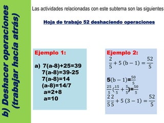 b)Deshaceroperaciones
(trabajarhaciaatrás)
Las actividades relacionadas con este subtema son las siguientes:
Hoja de trabajo 52 deshaciendo operaciones
Ejemplo 1:
a) 7(a-8)+25=39
7(a-8)=39-25
7(a-8)=14
(a-8)=14/7
a=2+8
a=10
Ejemplo 2:
2
5
+ 5 b − 1 =
52
5
5 b − 1 =
50
5
25
5
(
15
5
+
5
5
)=
50
5
2
5
2
5
+ 5 3 − 1 =
52
5
 