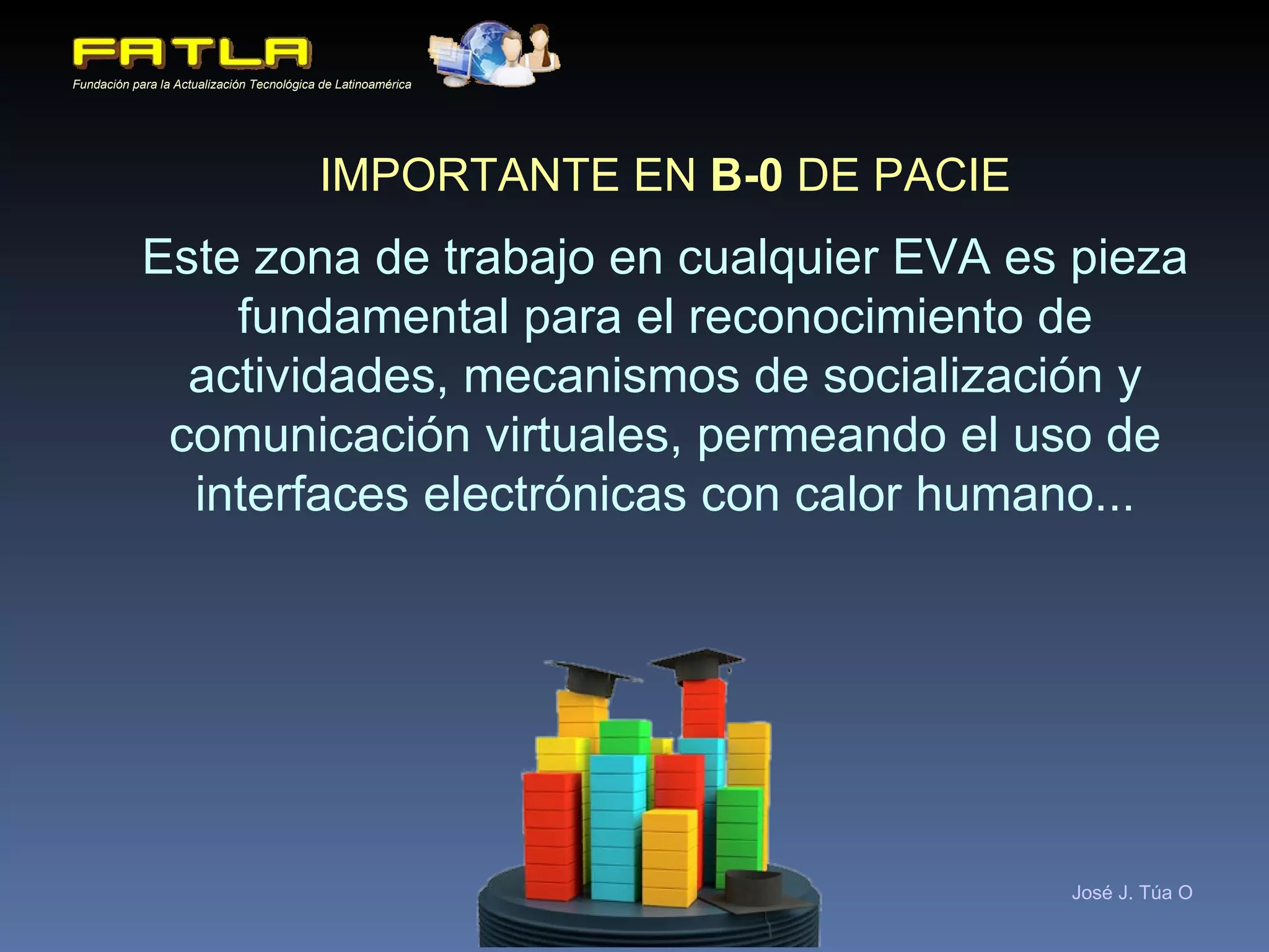 IMPORTANTE EN  B-0  DE PACIE P resencia   A lcance   C apacitación   I nteracción   E learning Este zona de trabajo en cualquier EVA es pieza fundamental para el reconocimiento de actividades, mecanismos de socialización y comunicación virtuales, permeando el uso de interfaces electrónicas con calor humano... 
