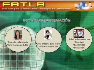 Quien lleva la tutoría Información de tutor Guía practica para iniciar Información del Eva Objetivos Contenidos Evaluación  Rubrica de evaluación 