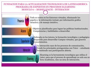 FUNDACION PARA LA ACTUALIZACION TEGNOLOGICA DE LATINOAMERICA
        PROGRAMA DE EXPERTOS EN PROCESOS ELEARNING
            MODULO 6 – MODELI PACIE - INTERACION


                  Todo se centra en los Entornos virtuales, eliminando los
                  papeles y la información textual, por información grafica
                  Atractiva y de manejo intuitivo.


                     Objetivos planificados para lograr las políticas Institucionales.
                     Competencias y habilidades a desarrollar


                      Enfocada en los tutores, la formación tecnológica y pedagógica
                      Requerida para desarrollar Campus virtuales, que generen
                      Conocimientos.
                         La interacción nace de los procesos de comunicación,
                         Donde los principales protagonistas son Tutor – estudiante
                         Permitiendo una participación abierta.

                             Elearning es la herramienta tecnológica que utiliza el
                             tutor; para que el proceso de aprendizaje no solo sea un
                             Área Académica, sino un área de interacción.
 