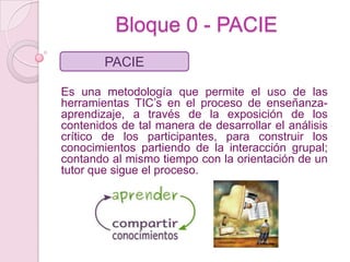 Bloque 0 - PACIEPACIEEs una metodología que permite el uso de las herramientas TIC’s en el proceso de enseñanza-aprendizaje, a través de la exposición de los contenidos de tal manera de desarrollar el análisis crítico de los participantes, para construir los conocimientos partiendo de la interacción grupal; contando al mismo tiempo con la orientación de un tutor que sigue el proceso.