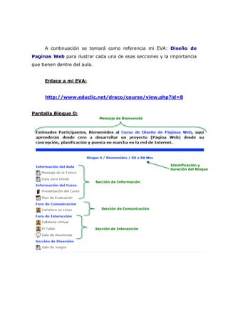 A continuación se tomará como referencia mi EVA: Diseño de
Paginas Web para ilustrar cada una de esas secciones y la importancia
que tienen dentro del aula.


     Enlace a mi EVA:


     http://www.educlic.net/draco/course/view.php?id=8


Pantalla Bloque 0:
                                Mensaje de Bienvenida




                                                           Identificación y
                                                           duración del Bloque


                              Sección de Información




                                 Sección de Comunicación




                              Sección de Interacción
 