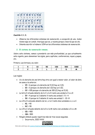 Esta obra está bajo una Licencia Creative Commons Atribución-NoComercial-SinDerivadas 4.0 Internacional.
Cuestión 2.1.3.
• Observa los diferentes sistemas de numeración, a excepción de uno, todos
tienen algo en común. Averigua que es, y razona porque crees tú que se dio.
• Intenta escribir el número 1254 en los diferentes sistemas de numeración.
2. El sistema de numeración romano.
Sobre este sistema, vamos a prenderlo con más profundidad, ya que actualmente
esta vigente, para denominar los siglos, para capítulos, conferencias, reyes y papas,
etc.
Primero. Las letreas y su valor.
1 5 10 50 100 500 1000
I V X L C D M
Las reglas:
• Si a la derecha de una letra hay otra con igual o menor valor, el valor de ésta
se suma a la anterior.
o VI = 6 porque a la derecha de 5 (V) hay un 1 (I).
o II = 2 porque a la derecha de 1 (I) hay un 1 (I).
o CV = 105 porque a la derecha de 100 (C) hay un 5 (V).
• La letra I situada delante de la V o la X resta una unidad a V o a X
o IV = 4 porque la I delante V resta una unidad 1- 5 = 4
o IX = 9 porque la I delante X resta una unidad 1 - 10 =9
• La cifra X colocada delante de la L o la C resta diez unidades a L o a C.
o XL = 40
o XC = 90
• La cifra C situada delante de la D o la M resta cien unidades a D o a M
o CD = 400
o CM = 900
• Ningún símbolo puede repetirse más de tres veces seguidas.
o Incorrecto, IIII VVVV
 