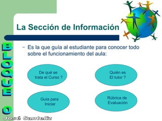 La Sección de Información

 –   Es la que guía al estudiante para conocer todo
     sobre el funcionamiento del aula:


           De qué se                  Quién es
        trata el Curso ?              El tutor ?




           Guía para                 Rúbrica de
            Iniciar                  Evaluación
 