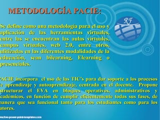 METODOLOGÍA PACIE:
 Se define como una metodología para el uso y
 aplicación de las herramientas virtuales,
 entre las se encuentran las aulas virtuales,
 campus virtuales, web 2.0, entre otros,
 ulitizadas en las diferentes modalidades de la
 educación, sean bilearning, Elearning o
 presenciales.

PACIE incorpora el uso de las TIC's para dar soporte a los procesos
de aprendizaje y autoaprendizaje, centrada en el docente. Propone
estructurar el EVA en bloques operativos, administrativos y
 structurar
académicos, en función de cumplir eficientemente todas sus fases, de
manera que sea funcional tanto para los estudiantes como para los
 utores.
 