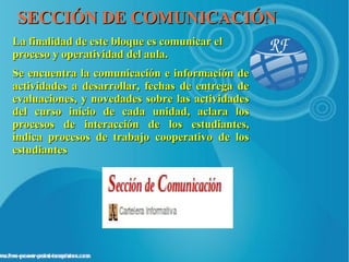 SECCIÓN DE COMUNICACIÓN
La finalidad de este bloque es comunicar el
proceso y operatividad del aula.
Se encuentra la comunicación e información de
actividades a desarrollar, fechas de entrega de
evaluaciones, y novedades sobre las actividades
del curso inicio de cada unidad, aclara los
procesos de interacción de los estudiantes,
indica procesos de trabajo cooperativo de los
estudiantes
 