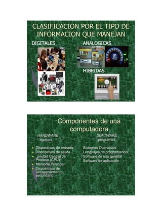 21/11/2011




CLASIFICACION POR EL TIPO DE
 INFORMACION QUE MANEJAN
DIGITALES                     ANALOGICAS




                              HIBRIDAS




                 Componentes de una
                    computadora
    HARDWARE                         SOFTWARE
     equipos                          programas

►   Dispositivos de entrada   Sistemas Operativos
►   Dispositivos de salida    Lenguajes de programación
►    Unidad Central de        Software de uso general
    Proceso (CPU)             Software de aplicación
►   Memoria Principal
►   Dispositivos de
    Almacenamiento
    secundario




                                                                 16
 