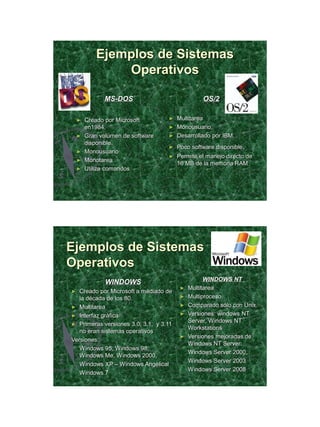 21/11/2011




            Ejemplos de Sistemas
                Operativos

              MS-DOS                              OS/2

    ►   Creado por Microsoft       ► Multitarea
        en1984.                    ► Monousuario.
    ►   Gran volumen de software   ► Desarrollado por IBM.
        disponible.
                                   ►    Poco software disponible.
    ►   Monousuario
                                   ►    Permite el manejo directo de
    ►   Monotarea
                                        16 MB de la memoria RAM
    ►   Utiliza comandos




Ejemplos de Sistemas
Operativos
                                                   WINDOWS NT
               WINDOWS
                                         ►   Multitarea
►  Creado por Microsoft a mediado de
   la década de los 80.                  ►   Multiproceso.
► Multitarea                             ►   Comparado sólo con Unix.
► Interfaz gráfica                       ►   Versiones: windows NT
                                             Server, Windows NT
► Primeras versiones 3.0, 3.1, y 3.11
                                             Workstations
   no eran sistemas operativos
                                         ►   Versiones mejoradas de
Versiones:
                                             Windows NT Server:
   Windows 95, Windows 98,
                                             Windows Server 2000,
   Windows Me, Windows 2000,
                                             Windows Server 2003
   Windows XP – Windows Angelical
                                             Windows Server 2008
   Windows 7




                                                                               28
 