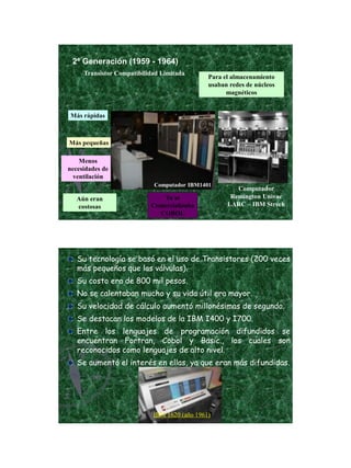 21/11/2011




 2ª Generación (1959 - 1964)
     Transistor Compatibilidad Limitada
                                              Para el almacenamiento
                                              usaban redes de núcleos
                                                    magnéticos


Más rápidas



Más pequeñas

    Menos
necesidades de
  ventilación
                            Computador IBM1401
                                                       Computador
   Aún eran                   Ya se                  Remington Univac
   costosas                Comercializaba           LARC – IBM Strech
                             COBOL




   Su tecnología se basó en el uso de Transistores (200 veces
   más pequeños que las válvulas).
   Su costo era de 800 mil pesos.
   No se calentaban mucho y su vida útil era mayor.
   Su velocidad de cálculo aumentó millonésimas de segundo.
   Se destacan los modelos de la IBM I400 y I700.
   Entre los lenguajes de programación difundidos se
   encuentran Fortran, Cobol y Basic., los cuales son
   reconocidos como lenguajes de alto nivel.
   Se aumentó el interés en ellas, ya que eran más difundidas.




                            IBM 1620 (año 1961)




                                                                                8
 