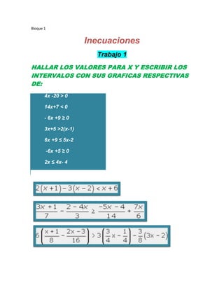 Bloque 1


                        Inecuaciones
                          Trabajo 1
HALLAR LOS VALORES PARA X Y ESCRIBIR LOS
INTERVALOS CON SUS GRAFICAS RESPECTIVAS
DE:
       4x -20 > 0

       14x+7 < 0

       - 6x +9 ≥ 0

       3x+5 >2(x-1)

       6x +9 ≤ 5x-2

           -6x +5 ≥ 0

       2x ≤ 4x- 4
 